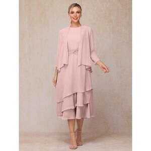 Cicinia 2 Pieces Tea Length Long Sleeves Chiffon Mother Of The Bride Dress Blush